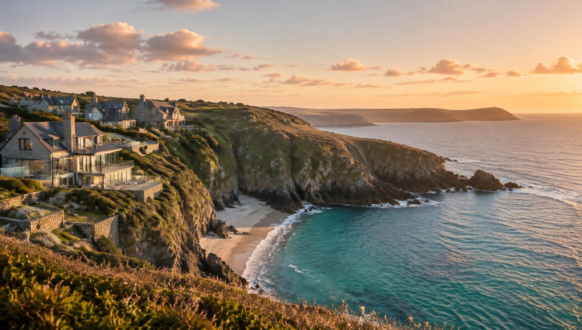 Stone holiday houses above a turquoise Cornish cove at sunset